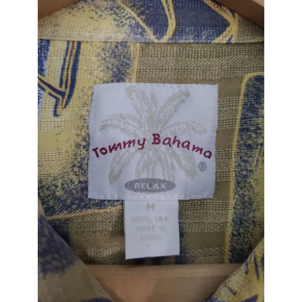 Tommy Bahama Relax Shirt‎ Men's Medium Silk Gold Blue Tiki Dugout Canoe Hawaiian